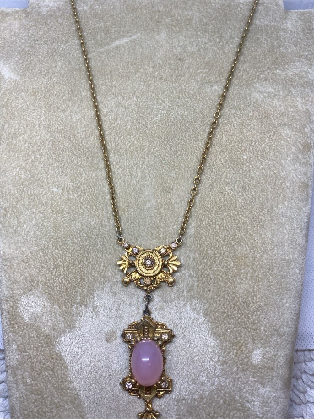 Vintage LJM Victorian Revival Lavalier Necklace, Pink Glass Cabochon Rhinestones